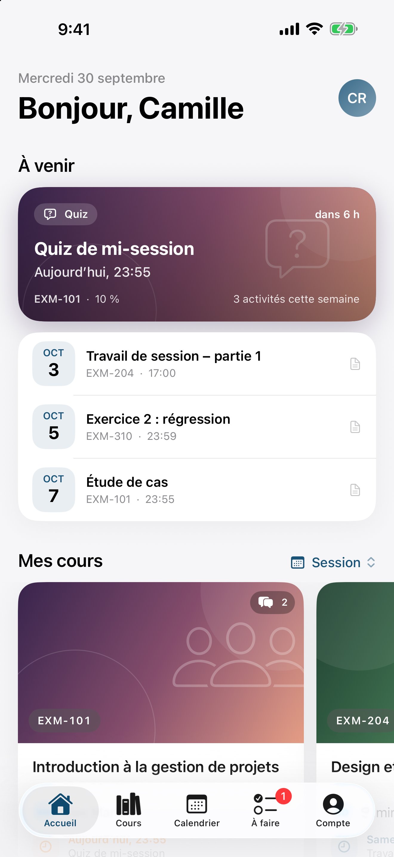 Accueil de Cursus avec des cours et des échéances fictifs